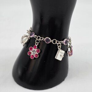 Silver Charm Bracelet With Pink & Purple Stones & Princess-Themed Charms